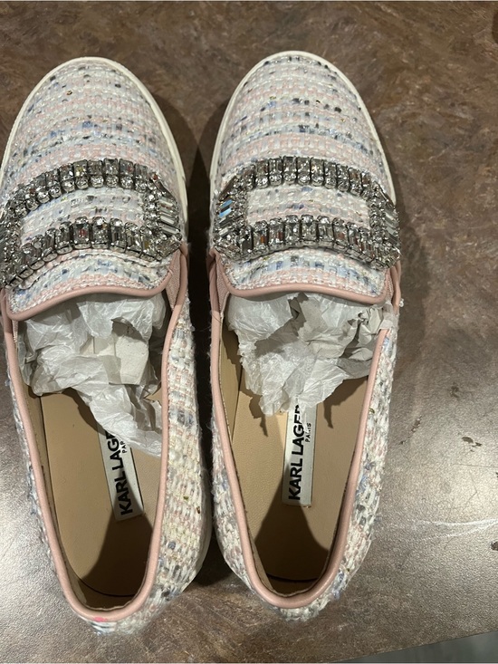 Karl Lagerfeld Shoes - Karl Lagerfeld Pastel Tweed Slip-On Loafers with Crystal Embellishment